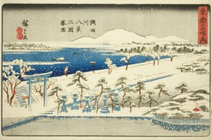 Nieve vespertina en Mimeguri, Ocho vistas del río Sumida (Sumidagawa hakkei, Mimeguri bosetsu), de la serie "Lugares famosos de la capital oriental (Toto meisho no uchi)"