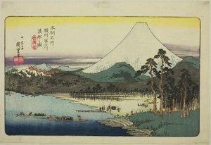 Botes de Ferry Cruzando el Río Fuji en la Provincia de Suruga (Sunshu Fujikawa watashibune no zu), de la serie "Lugares Famosos de Japón (Honcho meisho)" de Utagawa Hiroshige