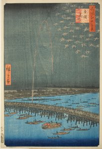Fuegos artificiales en Ryōgoku (Ryōgoku hanabi), de la serie Cien vistas famosas de Edo (Meisho Edo hyakkei) de Utagawa Hiroshige