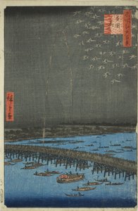 Fuegos Artificiales en Ryogoku (Ryogoku hanabi), de la serie "Cien Vistas Famosas de Edo (Meisho Edo hyakkei)" de Utagawa Hiroshige