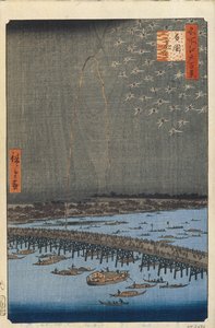 Fuegos artificiales en el Puente Ryogoku, Cien Vistas Famosas de Edo, 1856-1858 de Utagawa Hiroshige