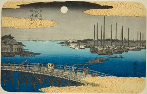 Barcos de Pesca cerca del Puente Eitai en la Bahía de Tsukuda (Eitaibashi Tsukuda oki isaribune), de la serie "Lugares Famosos en Edo (Edo meisho no uchi)" de Utagawa Hiroshige