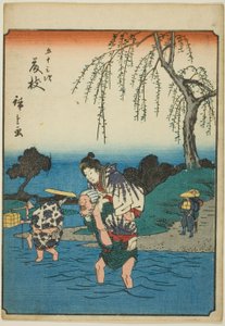Fujieda, de la serie "Cincuenta y tres estaciones [del Tokaido] (Gojusan tsugi)," también conocida como el Tokaido de figuras (Jinbutsu Tokaido) de Utagawa Hiroshige