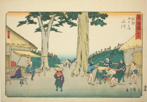 Futakawa: Sarugababa—No. 34, de la serie "Cincuenta y tres estaciones del Tokaido (Tokaido gojusan tsugi)," también conocido como el Reisho Tokaido de Utagawa Hiroshige
