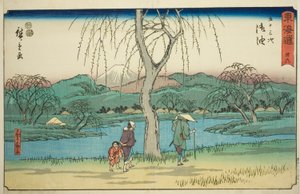 Goyu: Llanura de Motono a lo largo del Camino Antiguo (Kokaido Motonogahara)—No. 36, de la serie "Cincuenta y tres estaciones del Tokaido (Tokaido gojusan tsugi)," también conocida como el Reisho Tokaido de Utagawa Hiroshige