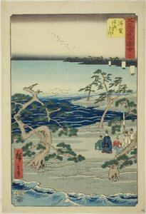 Hamamatsu: Los Famosos Pinos Murmurantes (Hamamatsu, meisho zazanza no matsu), no. 30 de la serie "Lugares Famosos de las Cincuenta y Tres Estaciones (Gojusan tsugi meisho zue)," también conocido como el Tokaido Vertical de Utagawa Hiroshige