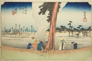 Hamamatsu: Escena de Invierno (Hamamatsu, fuyugare no zu), de la serie "Cincuenta y Tres Estaciones del Tokaido (Tokaido gojusan tsugi no uchi)," también conocida como el Tokaido de Hoeido de Utagawa Hiroshige