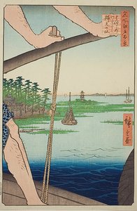 Ferry de Haneda y santuario de Benten (Haneda no watashi Benten no yashiro), nº 72 de la serie "Cien vistas famosas de Edo (Meisho Edo hyakkei)". de Utagawa Hiroshige