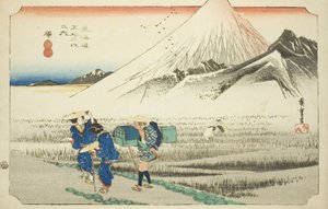 Hara: Monte Fuji en la mañana (Hara, asa no Fuji), de la serie "Cincuenta y tres estaciones del Camino Tokaido (Tokaido gojusan tsugi no uchi)," también conocida como el Tokaido de Hoeido de Utagawa Hiroshige