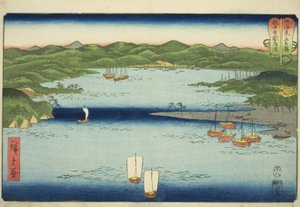 Puerto en Kokokufu en la provincia de Etchu (Etchu Kokokufu minato), de la serie "Luchas entre montañas y mares (Sankai mitate zumo)" de Utagawa Hiroshige