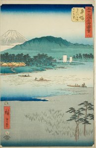 Hiratsuka: Ferry en el río Banyu y vista distante del monte Oyama (Hiratsuka, Banyugawa funewatashi Oyama enbo), no. 8 de la serie "Vistas famosas de las cincuenta y tres estaciones (Gojusan tsugi meisho zue)", también conocida como el Tokaido vertical