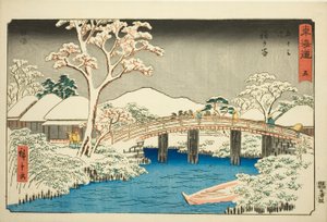 Hodogaya: Río Katabira y Puente Katabira (Hodogaya, Katabiragawa Katabirabashi)—No. 5, de la serie "Cincuenta y tres estaciones del Tokaido (Tokaido gojusan tsugi)", también conocido como el Reisho Tokaido de Utagawa Hiroshige