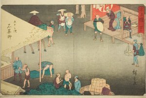 Ishiyakushi—No. 45, de la serie "Cincuenta y tres estaciones del Tokaido (Tokaido gojusan tsugi)", también conocida como el Reisho Tokaido de Utagawa Hiroshige