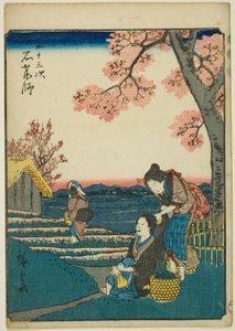 Ishiyakushi, de la serie "Cincuenta y Tres Estaciones [del Tokaido] (Gojusan tsugi)," también conocido como el Tokaido de Figuras (Jinbutsu Tokaido) de Utagawa Hiroshige