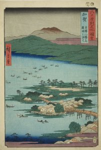 Provincia de Kaga: Las luces de pesca en el lago Renko, una de las ocho vistas escénicas de Kanazawa (Kaga, Kanazawa hassho no uchi, Renko no isaribi), de la serie "Lugares famosos en las sesenta y tantas provincias (Rokujuyoshu meisho zue)" de Utagawa Hiroshige