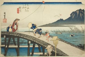 Kakegawa: Vista distante del Monte Akiba (Kakegawa, Akibasan enbo), de la serie "Cincuenta y tres estaciones del Tokaido (Tokaido gojusan tsugi no uchi)," también conocida como el Tokaido de Hoeido de Utagawa Hiroshige