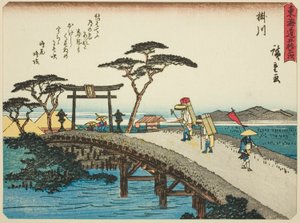 Kakegawa, de la serie "Cincuenta y tres estaciones del Tokaido (Tokaido gojusan tsugi)," también conocido como el Tokaido con poema (Kyoka iri Tokaido) de Utagawa Hiroshige