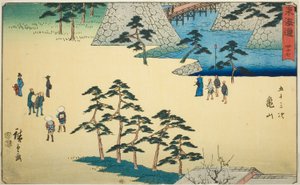 Kameyama—No. 47, de la serie "Cincuenta y tres estaciones del Tokaido (Tokaido gojusan tsugi)", también conocida como el Tokaido Reisho de Utagawa Hiroshige
