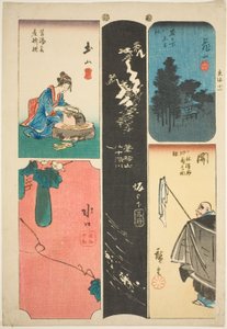 Kameyama, Seki, Sakanoshita, Tsuchiyama y Minakuchi, no. 11 de la serie "Imágenes Recortadas del Tokaido (Tokaido harimaze zue)" de Utagawa Hiroshige