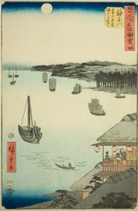 Kanagawa: Vista sobre el mar desde las casas de té en la colina, no. 4 de la serie "Vistas famosas de las cincuenta y tres estaciones", también conocida como el Tokaido vertical