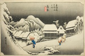 Kanbara: Nieve de la tarde (Kanbara, yoru no yuki), de la serie "Cincuenta y tres estaciones del Tokaido (Tokaido gojusan tsugi no uchi)," también conocida como el Tokaido de Hoeido de Utagawa Hiroshige