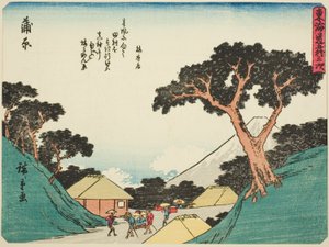 Kanbara, de la serie "Cincuenta y tres estaciones del Tokaido (Tokaido gojusan tsugi)," también conocido como el Tokaido con poema (Kyoka iri Tokaido) de Utagawa Hiroshige