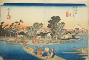 Kawasaki: El ferry de Rokugo (Kawasaki, Rokugo watashibune), de la serie "Cincuenta y tres estaciones del Tokaido (Tokaido gojusan tsugi no uchi)," también conocida como el Tokaido de Hoeido