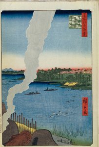 Hornos y el ferry Hashiba en el río Sumida Cien vistas famosas de Edo, 1856-1858