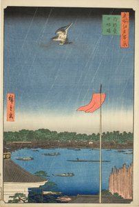 Salón Komagata y Puente Azuma (Komagatado Azumabashi), de la serie "Cien vistas famosas de Edo (Meisho Edo hyakkei)" de Utagawa Hiroshige