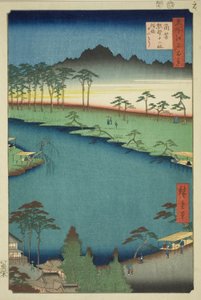 Santuario Kumano Junisha en Tsunohazu, conocido popularmente como Juniso (Tsunohazu Kumano Junisha, zokusho Juniso), de la serie "Cien vistas famosas de Edo (Meisho Edo hyakkei)"