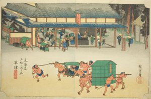 Kusatsu: Famosa casa de postas (Kusatsu, Meibutsu tateba), de la serie "Cincuenta y tres estaciones del Tokaido (Tokaido gojusan tsugi no uchi)", también conocida como el Tokaido de Hoeido de Utagawa Hiroshige