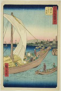 Kuwana: Barcos de ferry en Shichiri (Kuwana, Shichiri no watashibune), no. 43 de la serie "Vistas famosas de las cincuenta y tres estaciones (Gojusan tsugi meisho zue)," también conocida como el Tokaido Vertical