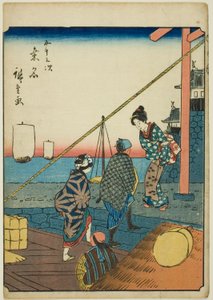 Kuwana, de la serie "Cincuenta y tres estaciones [del Tokaido] (Gojusan tsugi)," también conocida como el Tokaido de figuras (Jinbutsu Tokaido) de Utagawa Hiroshige