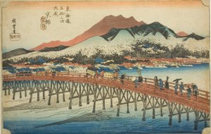 Kioto: El Gran Puente en Sanjo (Keishi, Sanjo ohashi), de la serie "Cincuenta y tres estaciones del Tokaido (Tokaido gojusan tsugi no uchi)," también conocida como el Tokaido de Hoeido
