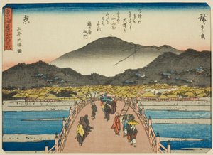 Kioto: El gran puente en Sanjo (Kyo, Sanjo Ohashi zu), de la serie "Cincuenta y tres estaciones del Tokaido (Tokaido gojusan tsugi)", también conocida como el Tokaido con poema (Kyoka iri Tokaido) de Utagawa Hiroshige