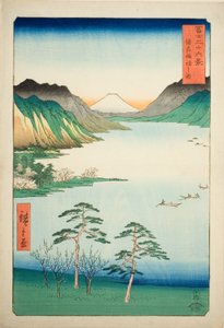 Lago Suwa en la provincia de Shinano (Shinshu Suwa no mizuumi), de la serie "Treinta y seis vistas del monte Fuji (Fuji sanjurokkei)" de Utagawa Hiroshige