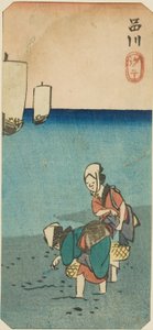 Marea baja en Shinagawa (Shinagawa shiohi), sección de una hoja de la serie "Recortes de lugares famosos en Edo (Harimaze Koto meisho)" de Utagawa Hiroshige