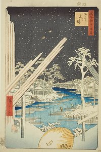Aserraderos en Fukagawa (Fukagawa kiba), con cielo oscuro, nº 106 de la serie "Cien vistas famosas de Edo (Meisho Edo hyakkei)". de Utagawa Hiroshige