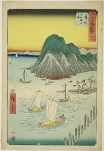 Maisaka: Barcos de Ferry Cruzando el Mar en Imagiri (Maisaka, Imagiri kaijo funewatashi), no. 31 de la serie "Vistas Famosas de las Cincuenta y Tres Estaciones (Gojusan tsugi meisho zue)," también conocida como el Tokaido Vertical de Utagawa Hiroshige