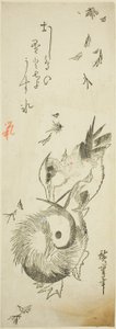 Patos mandarines cruzando un estanque helado entre hojas caídas de Utagawa Hiroshige