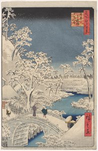 Imagen del crepúsculo en el Puente del Tambor en Meguro, de la serie 100 Vistas de Lugares Famosos en Edo de Utagawa Hiroshige