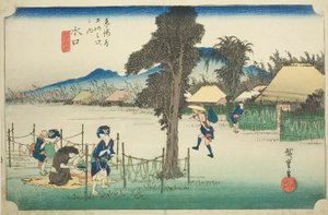 Minakuchi: Virutas de calabaza seca, una especialidad local (Minakuchi, meibutsu kanpyo), de la serie "Cincuenta y tres estaciones del Tokaido (Tokaido gojusan tsugi no uchi)," también conocida como el Tokaido de Hoeido de Utagawa Hiroshige