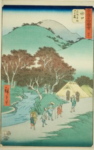 Minakuchi: Los famosos pinos al pie del monte Hiramatsu (Minakuchi, meisho Hiramatsu yama no fumoto), no. 51 de la serie "Lugares famosos de las cincuenta y tres estaciones (Gojusan tsugi meisho zue)," también conocida como el Tokaido vertical de Utagawa Hiroshige