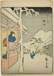 Minakuchi, de la serie "Cincuenta y tres estaciones [del Tokaido] (Gojusan tsugi)," también conocida como el Tokaido de figuras (Jinbutsu Tokaido) de Utagawa Hiroshige