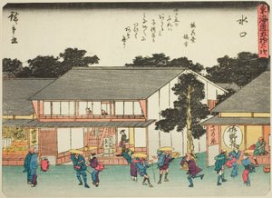Minakuchi, de la serie "Cincuenta y tres estaciones del Tokaido (Tokaido gojusan tsugi)," también conocido como el Tokaido con poema (Kyoka iri Tokaido)