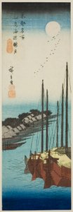 Luna brumosa sobre la costa en la isla Tsukuda (Tsukudajima kaihen oborozuki), de la serie "Lugares famosos de la capital oriental (Toto meisho)"