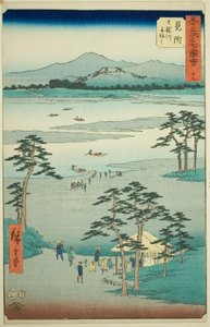 Mitsuke: Ferry en el Río Tenryu (Mitsuke, Tenryugawa funewatashi), no. 29 de la serie "Vistas Famosas de las Cincuenta y Tres Estaciones (Gojusan tsugi meisho zue)," también conocida como el Tokaido Vertical