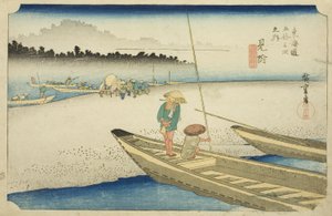 Mitsuke: Vista del río Tenryu (Mitsuke, Tenryugawa zu), de la serie "Cincuenta y tres estaciones del Tokaido (Tokaido gojusan tsugi no uchi)," también conocida como el Hoeido Tokaido de Utagawa Hiroshige
