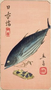 Mercado matutino en el puente Nihon (Nihonbashi, asaichi), sección de una hoja de la serie "Recortes de lugares famosos en Edo (Harimaze Koto meisho)" de Utagawa Hiroshige