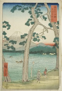 Monte Fuji visto desde la izquierda en el Tokaido (Tokaido hidari Fuji), de la serie "Treinta y seis vistas del Monte Fuji (Fuji sanjurokkei)" de Utagawa Hiroshige